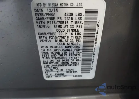 2015 Nissan Rogue Select S z USA, uszkodzony, nr VIN JN8AS5MT5FW652378